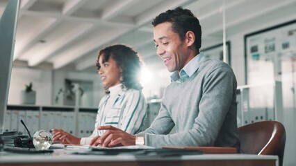 Teamwork, office and business people on computer for online project, proposal and research. Corporate, coworking and man and woman typing email for internet, website and planning at desk for career