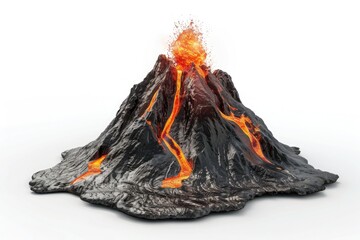 erupting volcano mountain with lava 3D render on white background