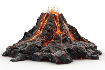 erupting volcano mountain with lava 3D render on white background