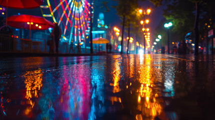Obraz premium Blurry fair with rides on a rainy night