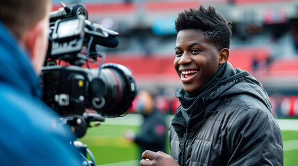 Young man smiling while being filmed on sports field