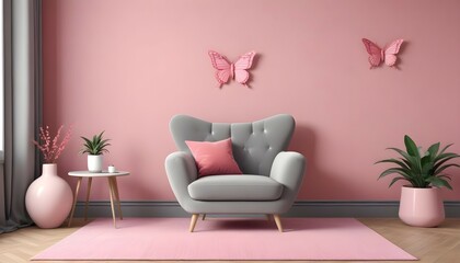 blue armchair adds a pop of color against a yellow wall in a modern living room, accompanied by a chic side table and a trendy rug.