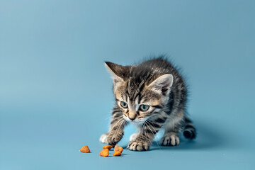 Stock minimalist photography of a tabby kitten playing with food on a blue background with studio lighting