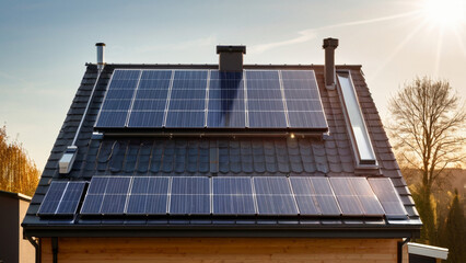 Close-up of new suburban house with a photovoltaic system or solar panel on the roof. Modern eco friendly passive house with solar panels on the gable roof, with sunlight in the morning vibes.