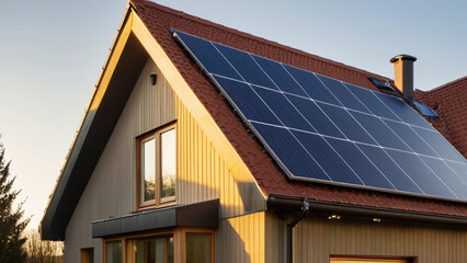 Close-up of new suburban house with a photovoltaic system or solar panel on the roof. Modern eco friendly passive house with solar panels on the gable roof, with sunlight in the morning vibes.
