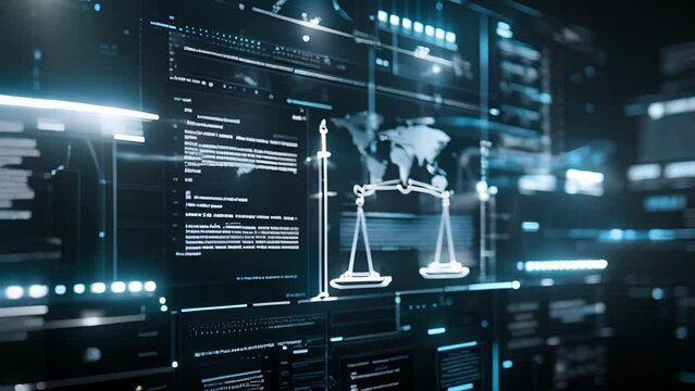 In the background screens display various legal documents and court cases demonstrating the AIs vast knowledge and capability.