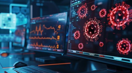 Obraz premium A Visual Representation of a Virus Alert on a Computer Screen, Highlighting the Urgency of Cybersecurity Measures