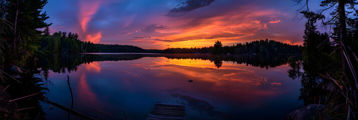 Obraz premium Tranquil Sunset by the Lakeside: Nature's Serene Reflection with Silhouettes of Trees and a Wooden Pier