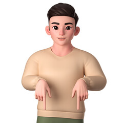 Portrait of half body man  character pointing to the down side with both hands, 3D Character Illustration.