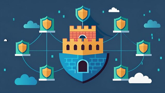 A fortresslike network infrastructure built with multiple layers of security protocols to ensure utmost protection.. 2d flat cartoon