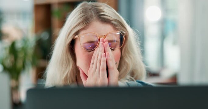Stress, laptop and woman in home, remote work and mistake on deadline of ebook, editing and apartment. House, computer and girl with burnout, employee and ghostwriter with fail of project for person