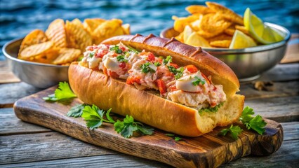 Freshly prepared luxurious lobster roll overflowing with succulent meat on buttery toasted bread, served alongside crispy chips on a rustic seaside dock.