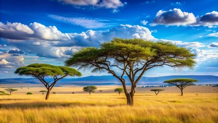 Fototapeta premium Majestic acacia trees stand tall against a vibrant blue sky, set amidst a serene savannah landscape with rolling hills in the distant background.