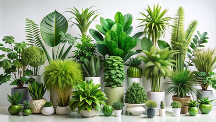 Vibrant, stylized, isolated green plants in various shapes and sizes, artistically arranged on a clean white background, perfect for illustrations and designs.