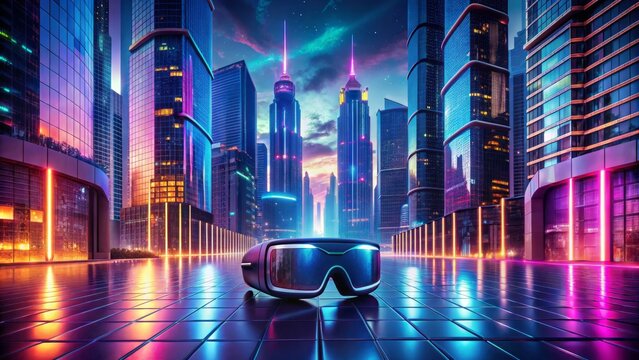 Futuristic cityscape with sleek skyscrapers and neon lights, empty street with virtual reality glasses lying on pavement, surrounded by holographic advertisements.
