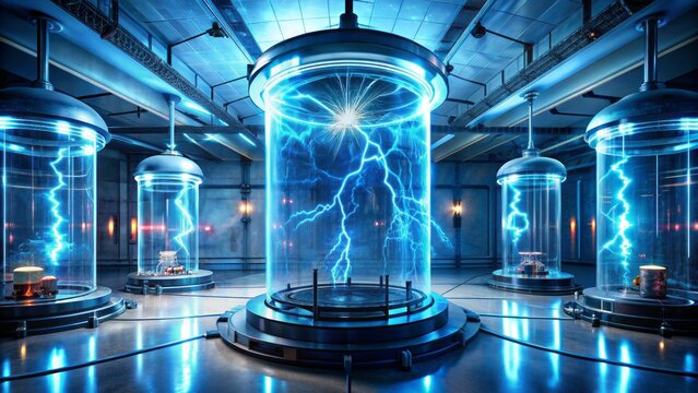 Electric arcs illuminate a futuristic laboratory chamber, as bursts of intense blue light crackle within a transparent experimental containment vessel.