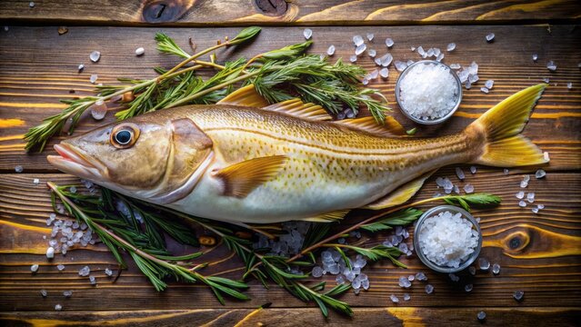 Freshly caught north atlantic cod fish lies on a rustic wooden table surrounded by seaweed and ice, awaiting cleaning and cooking.