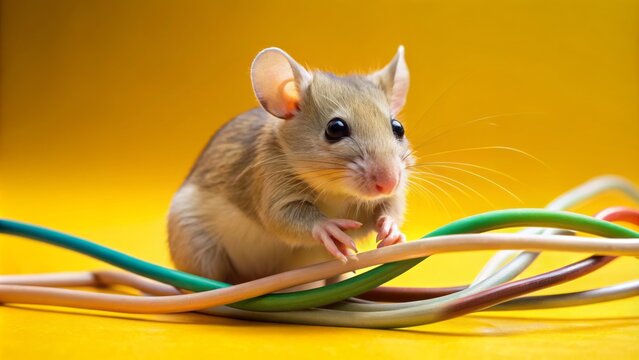 In a soft yellow background, a small mouse busily consumes colorful electrical cables, incongruously illustrating safe residential and spatial electrical wiring practices.