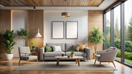 Fototapeta premium Modern interior design showcasing a sleek living room with a minimalist wall poster mockup in iso a paper size, set against a cozy house background in a 3d rendered scene.