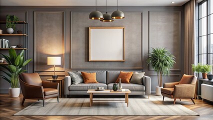 Modern living room interior design featuring a large iso a paper size frame mockup on a cozy wall, surrounded by sleek furniture and refined decor. 
