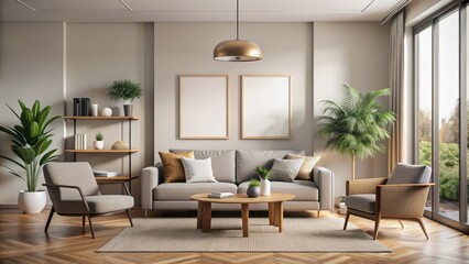 Stylish modern living room interior with a large iso a paper size poster frame on a neutral-colored wall, surrounded by sleek furniture and decor.
