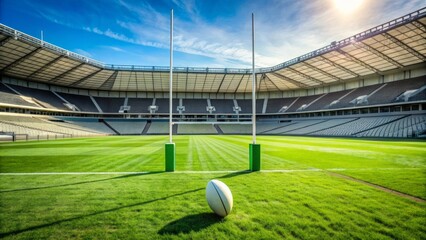 Empty rugby stadium in france with a solitary ball on the lush green grass, surrounded by goalposts, amidst a tense, competitive atmosphere.