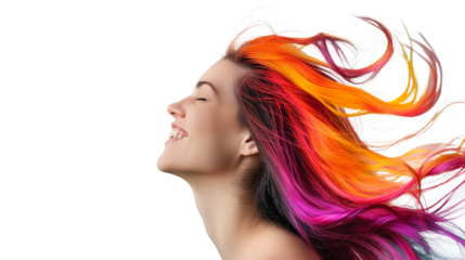 Happy woman with colorful hairstyle grinning, PNG format.