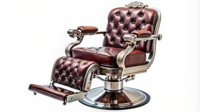 Vintage-inspired barber chair with ornate details, cushioned seat, and chrome accents isolated on transparent background, evoking nostalgia and classic elegance. 
