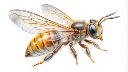 Delicate illustration of tiny striped bees in side view with transparent wings, meticulously detailed, isolated on a pristine white background, conveying a sense of innocence.