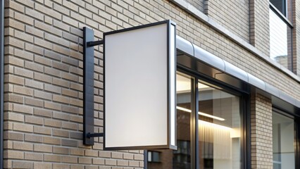 Fototapeta premium Empty modern storefront signage with sleek metal frame and blank rectangular panel awaiting custom design or logo, set against a clean white background.