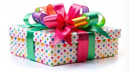 Obraz premium Colorful banner wrapped around a beautifully decorated gift box with a bow, against a clean white background, symbolizing celebration and appreciation for special occasions.