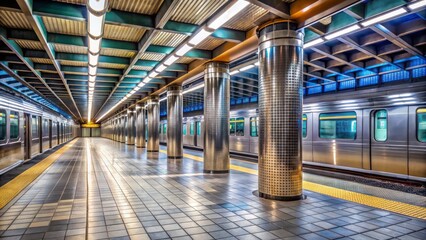 Fototapeta premium Modern, sleek, and well-lit subway train station with mosaic-tiled walls, stainless steel columns, and a deserted platform waiting for the next arrival.