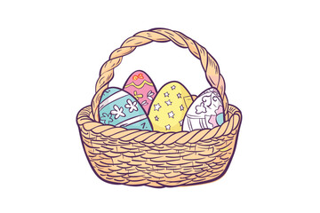 Vector art illustration easter basket with easter eggs on a white background a drawing of a basket of eggs in grass and a drawing of grass and a tree branch basket of painted  generative ai