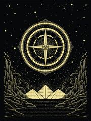 Mystical Compass Journey to Another Dimension in Hand Drawn Engraving and Pointillism Style