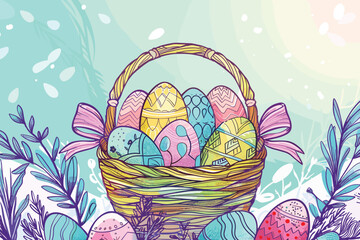 Vector art illustration easter basket with easter eggs on a white background a drawing of a basket of eggs in grass and a drawing of grass and a tree branch basket of painted  generative ai