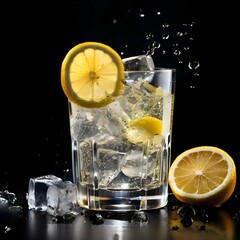 Minimalist beverage glass with ice cubes and lemon photography