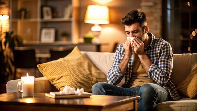 Young Man Relaxing On Sofa At Home And Blowing His Nose