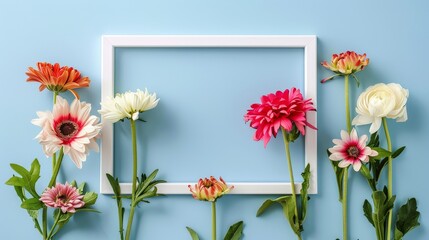 Minimalist Flat Lay with Colorful Flowers in White Photo Frame, High Resolution Hyper Realistic Image with Blank Space for Copy or Logo