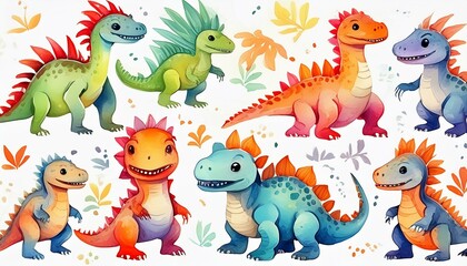 Naklejka premium A handpainted watercolor set featuring various little dinosaurs, showcasing unique and playful designs, perfectly isolated on white