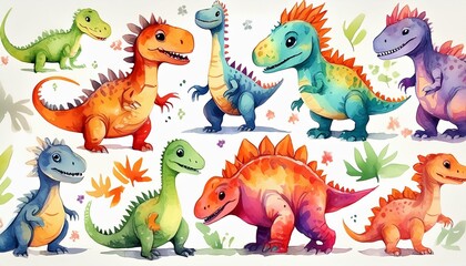 A handpainted watercolor set featuring various little dinosaurs, showcasing unique and playful designs, perfectly isolated on white