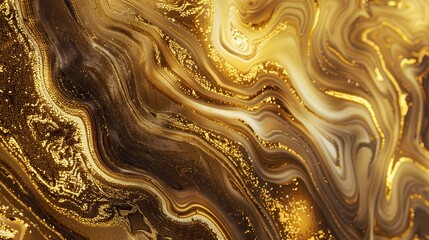 Abstract golden marble texture with swirling patterns in gold and brown, perfect for backgrounds and design projects.