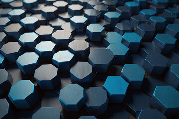 Obraz premium 3D rendering of a hexagonal polygon made up of abstract blue cubes. Perfect for tech, design