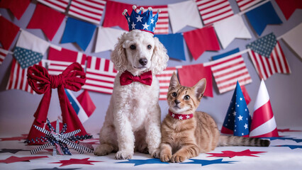 Dog and Cat in Harmony with the Spirit of US Independence Day. Concept for 4th of July. Patriotic celebration in a themed studio.