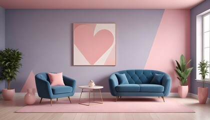 A modern living room features a blue armchair against a yellow wall, with a sleek coffee table and a geometric painting for added flair.