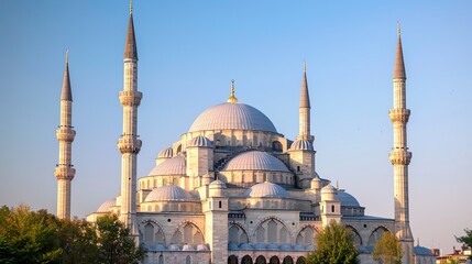 Fototapeta premium Grand white mosque with multiple domes