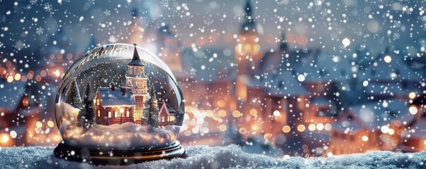 Captivating snow globe featuring a cozy village, with a beautiful winter wonderland backdrop and falling snow, evoking holiday spirit.