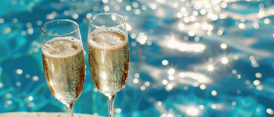 Close-up of two champagne flutes with sparkling wine by a shimmering pool, evoking celebratory, romantic, and luxurious summer vibes.