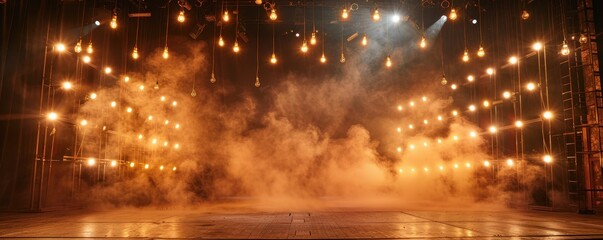 Dramatic stage with hanging lights and smoke, creating an atmospheric performance setting. An ideal background for theater and concert visuals.