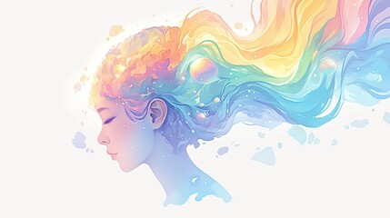 Fototapeta premium A watercolor tapestry of emotion emerges, where watercolor waves in the shape of a human head interweave with a spectrum of colors, reflecting the complexities of human feelings