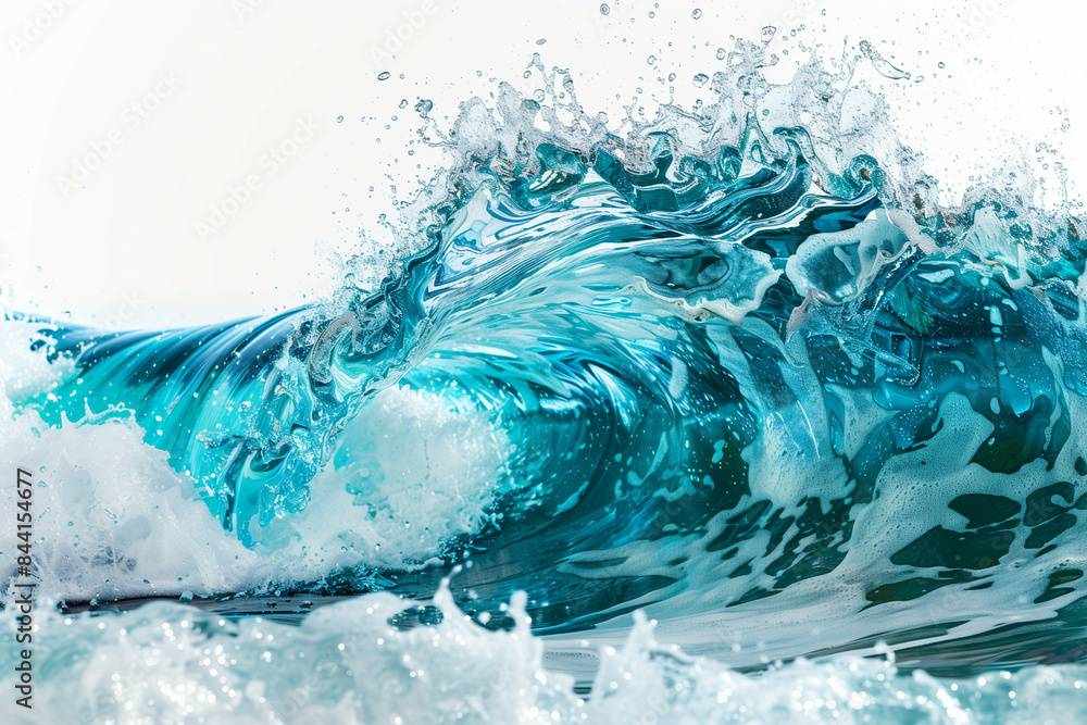 Poster capturing the dynamic movement of a crystal clear turquoise wave crashing with vigorous splashes, em